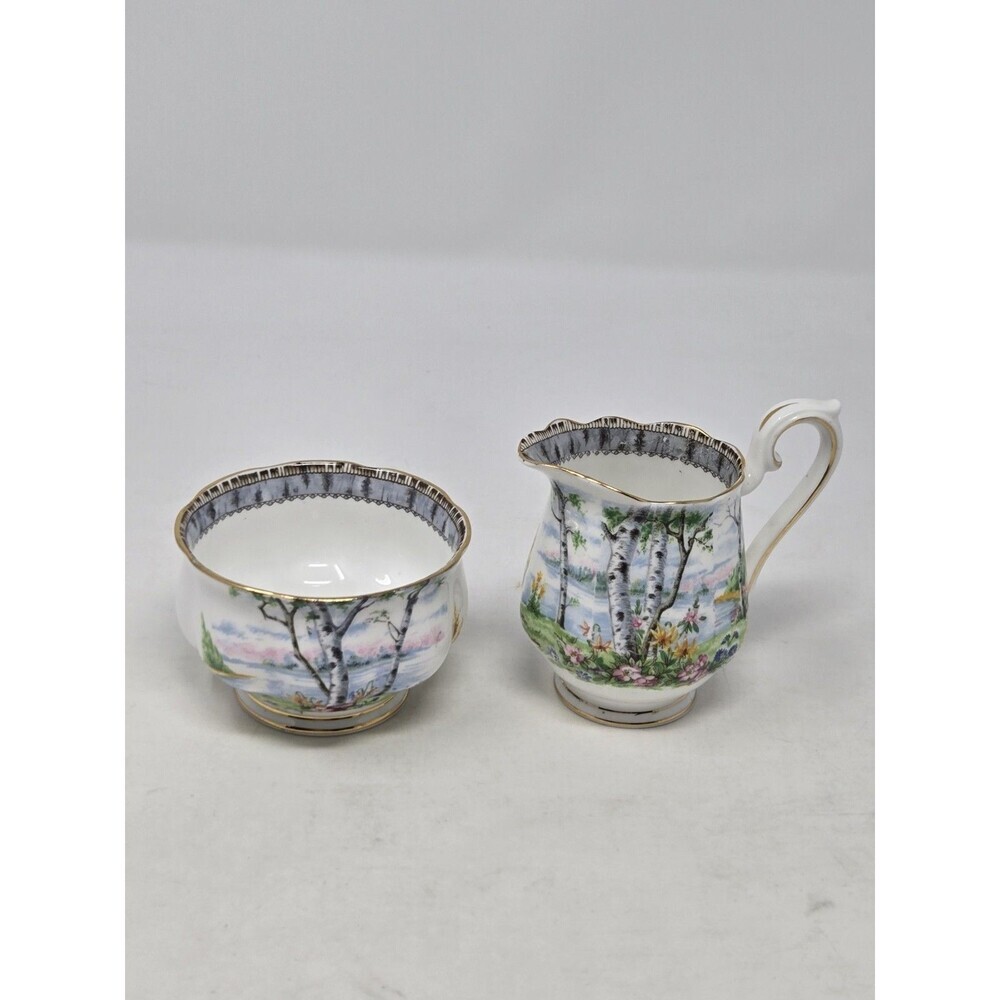 VINTAGE ROYAL ALBERT BONE CHINA SILVER BIRCH CREAM & SUGAR SET WHITE WOODS SCENE